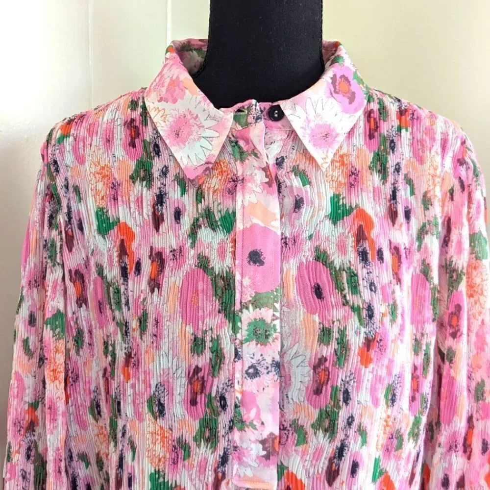 Ganni Floral Pleated Georgette Top 40 8/10 Gardencore Whimsical Barbiecore Boho